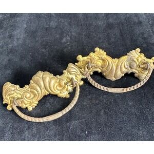 Vintage Drawer Pulls Brassy Tin Vtg Hardware 4.25" Set of 2 MCM Decor Salvage